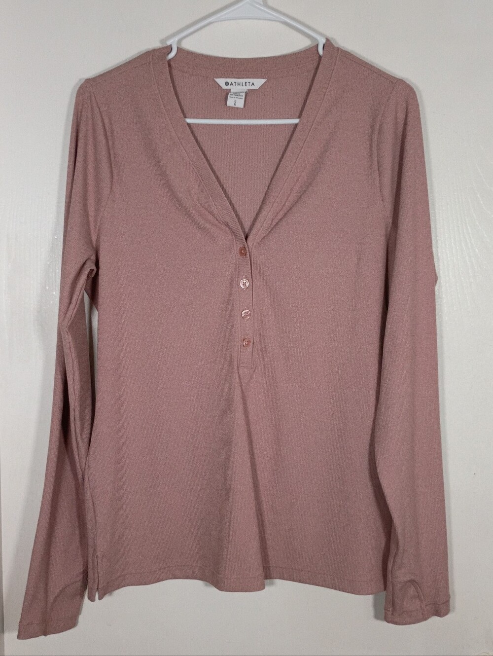 Athleta L Uptempo Ribbed Henley Top Long Sleeve Shirt Thumbholes Athleisure Pink